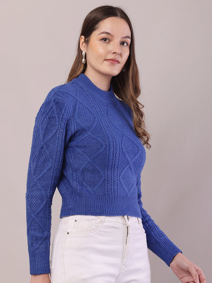 Viscose Full Sleeve with Turtle Neck Cable Knit Blue Sweater