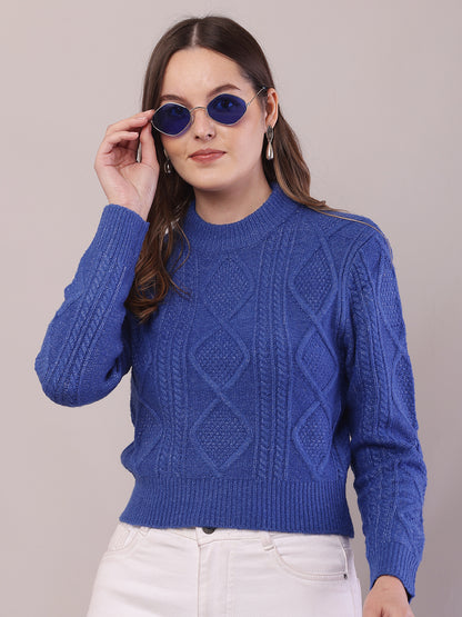 Viscose Full Sleeve with Turtle Neck Cable Knit Blue Sweater