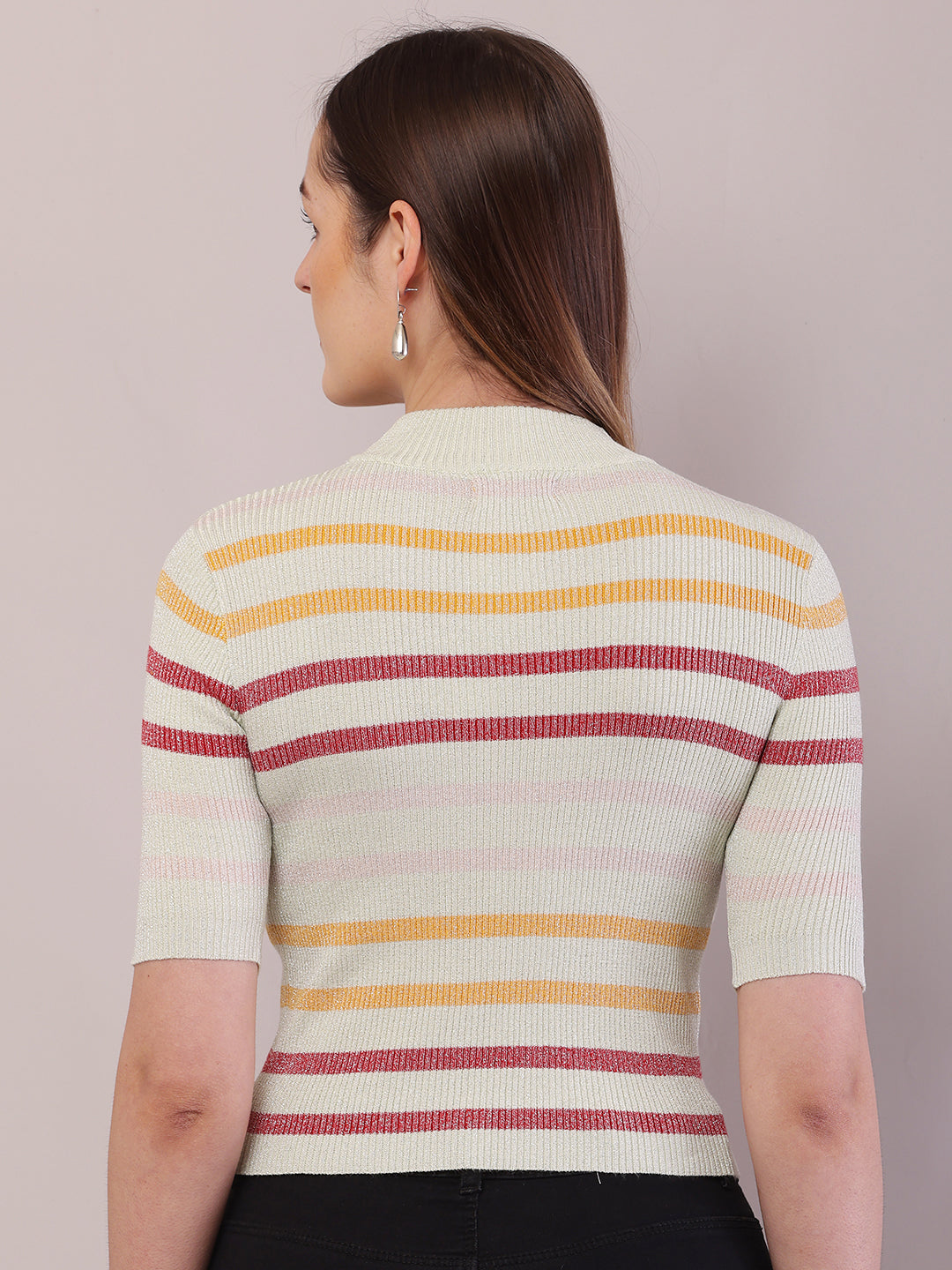 Viscose Short Sleeve with Turtle Neck Striped Crop Top