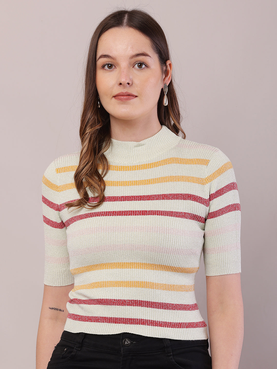 Viscose Short Sleeve with Turtle Neck Striped Crop Top