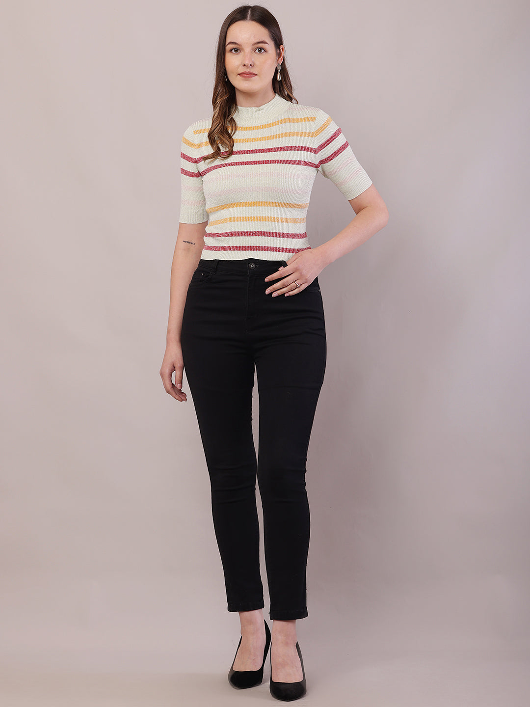 Viscose Short Sleeve with Turtle Neck Striped Crop Top