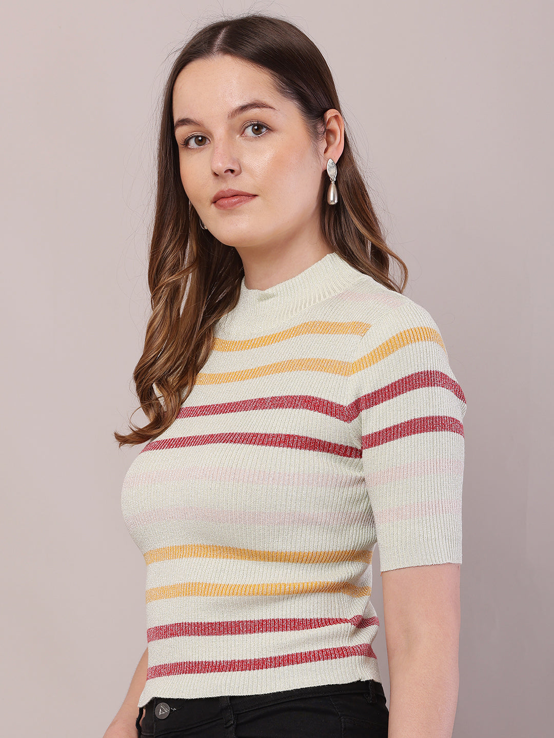 Viscose Short Sleeve with Turtle Neck Striped Crop Top