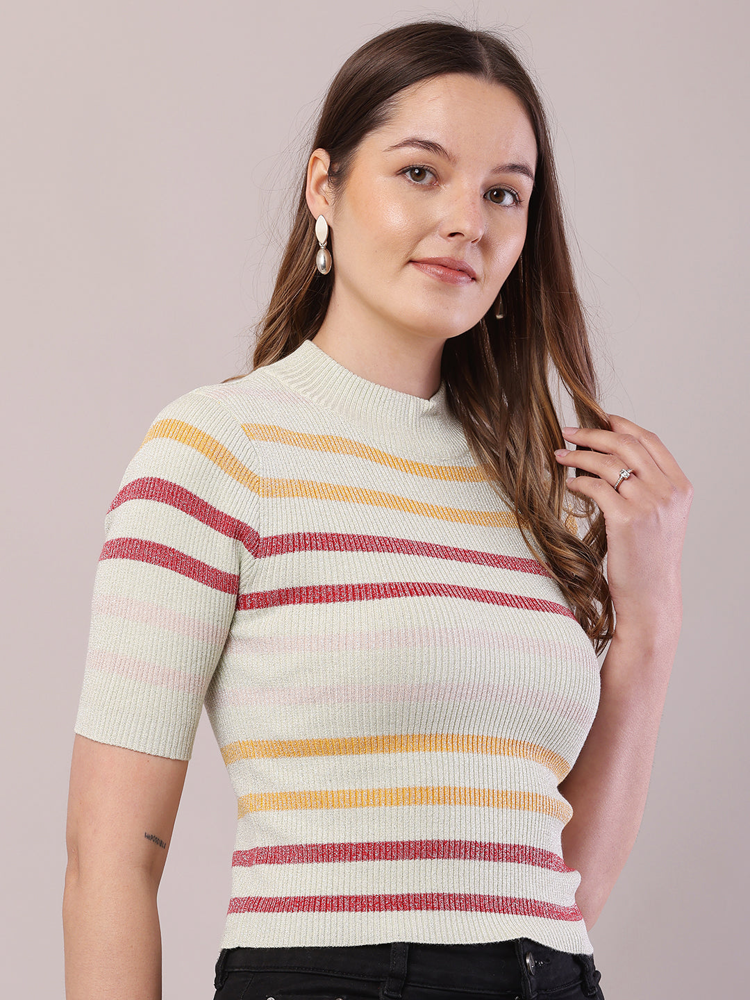 Viscose Short Sleeve with Turtle Neck Striped Crop Top