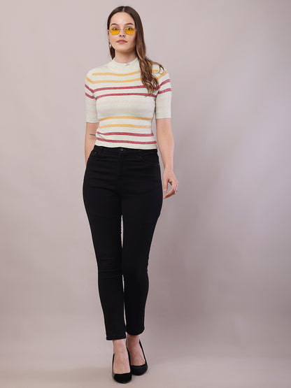 Viscose Short Sleeve with Turtle Neck Striped Crop Top