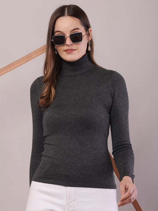 Viscose Full Sleeve with High-Neck Dark Grey Sweater