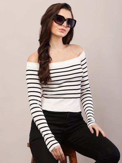 Viscose Full Sleeve with off-shoulder Striped Black and White Top