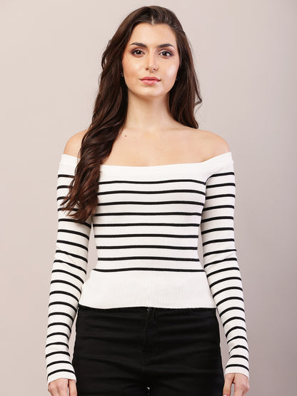 Viscose Full Sleeve with off-shoulder Striped Black and White Top