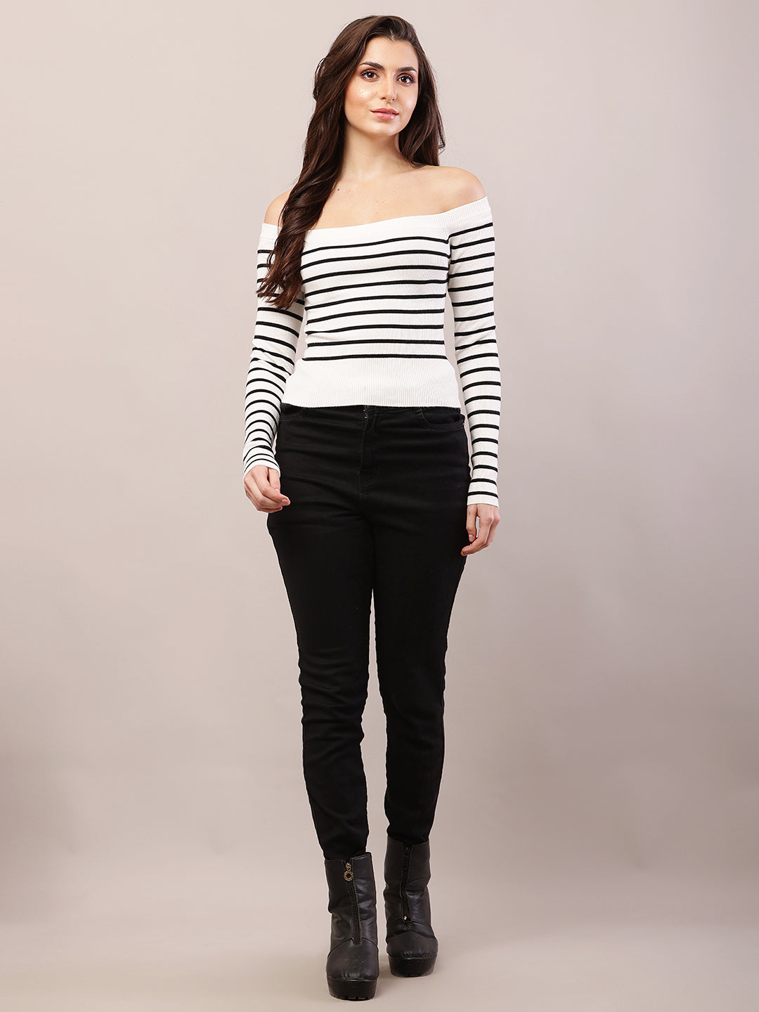 Viscose Full Sleeve with off-shoulder Striped Black and White Top