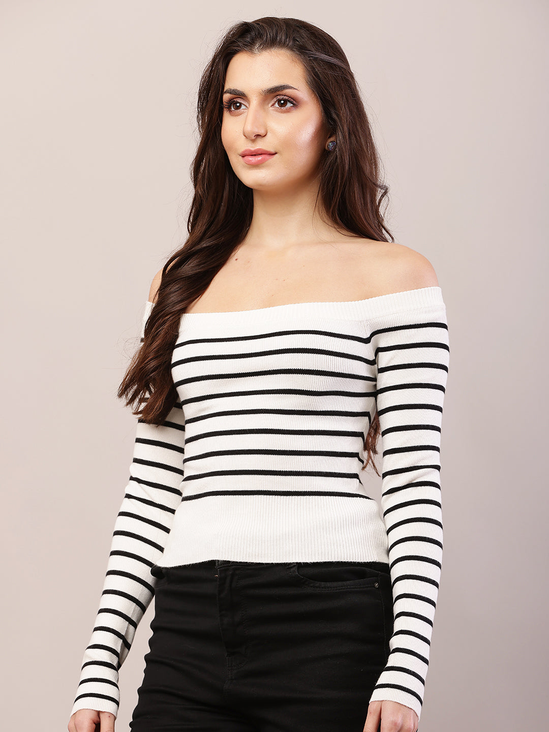 Viscose Full Sleeve with off-shoulder Striped Black and White Top