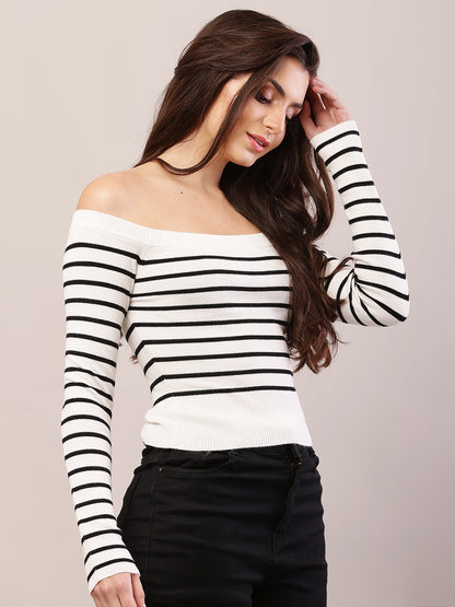 Viscose Full Sleeve with off-shoulder Striped Black and White Top