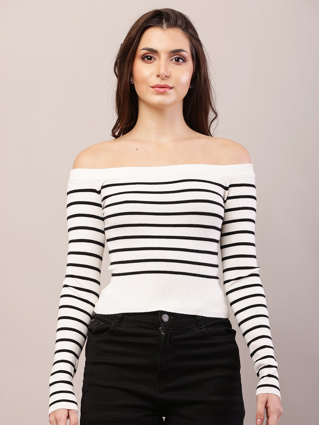 Viscose Full Sleeve with off-shoulder Striped Black and White Top