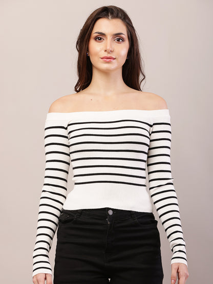 Viscose Full Sleeve with off-shoulder Striped Black and White Top