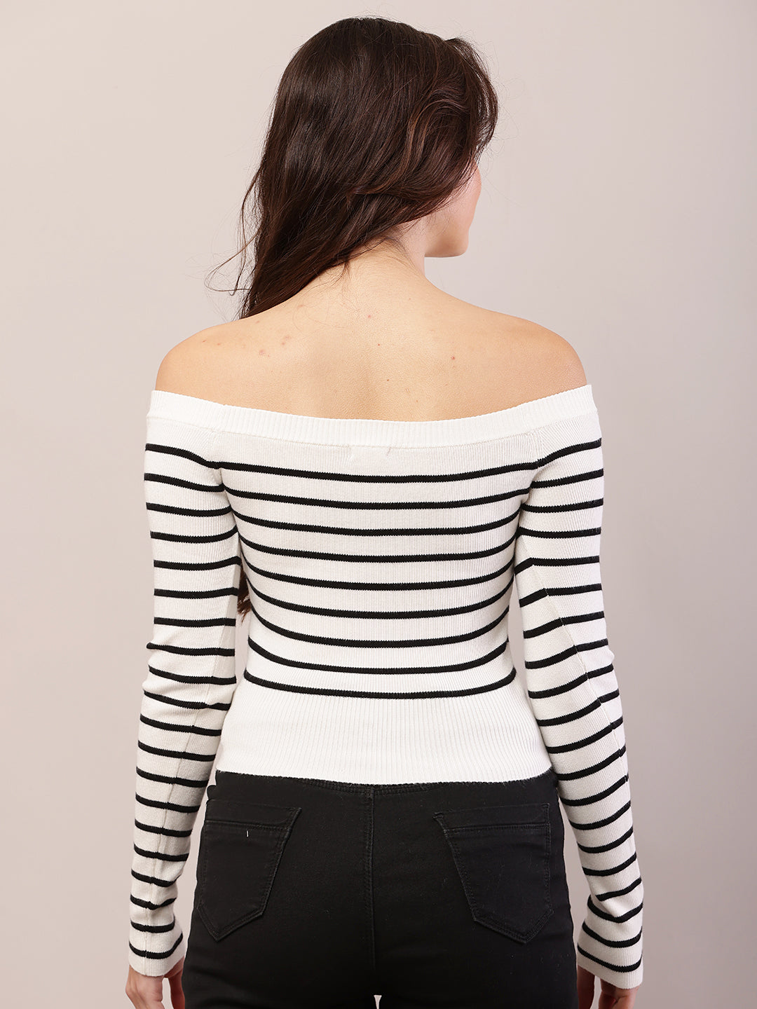 Viscose Full Sleeve with off-shoulder Striped Black and White Top