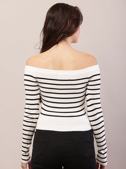 Viscose Full Sleeve with off-shoulder Striped Black and White Top