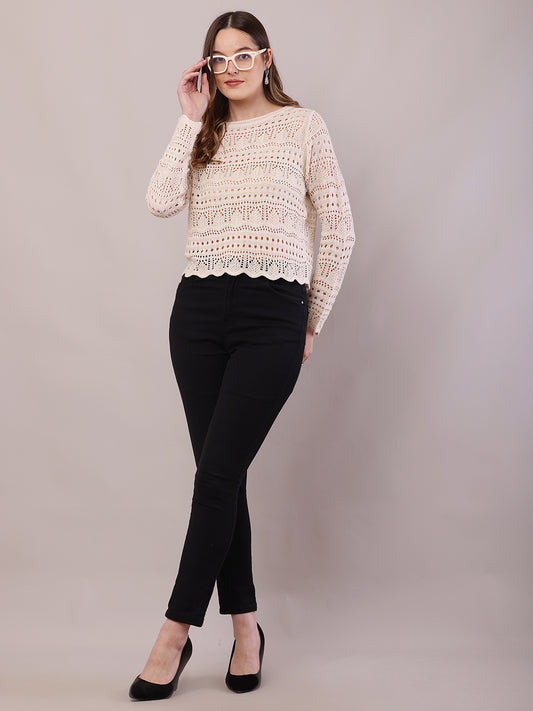 Polyester Full Sleeve with Boat Neck Cream Sweater