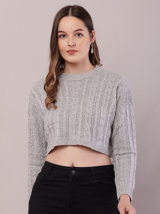 Acrylic Full Sleeve with Round Neck Light Grey Crop Sweater