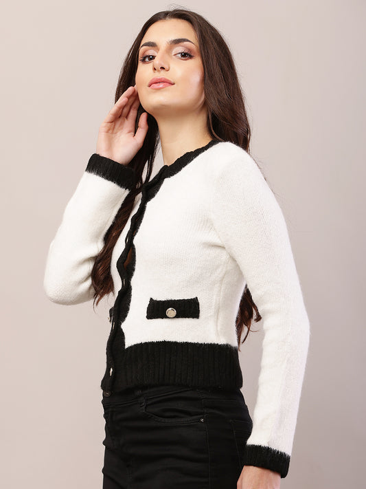 Acrylic Full Sleeve with Round Neck White Cardigan