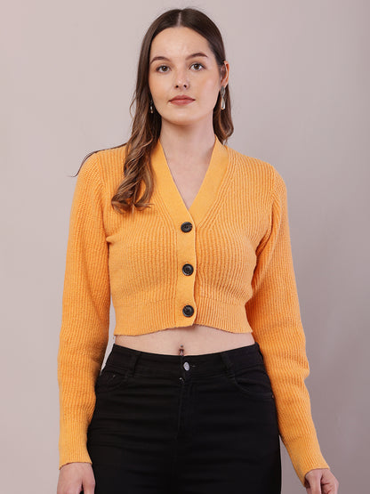 Polyester Full Sleeve with V-Neck Orange Cardigan