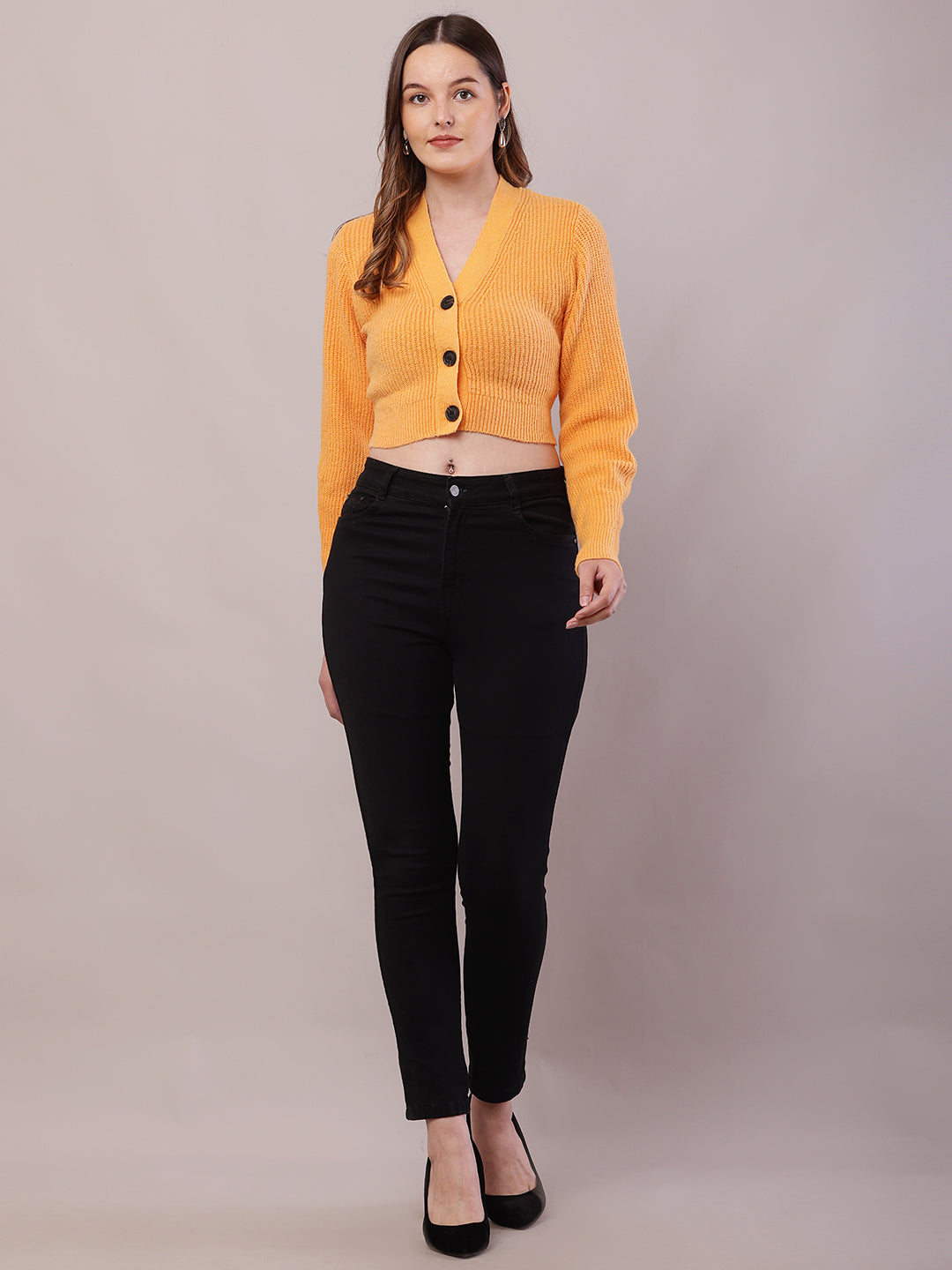 Polyester Full Sleeve with V-Neck Orange Cardigan