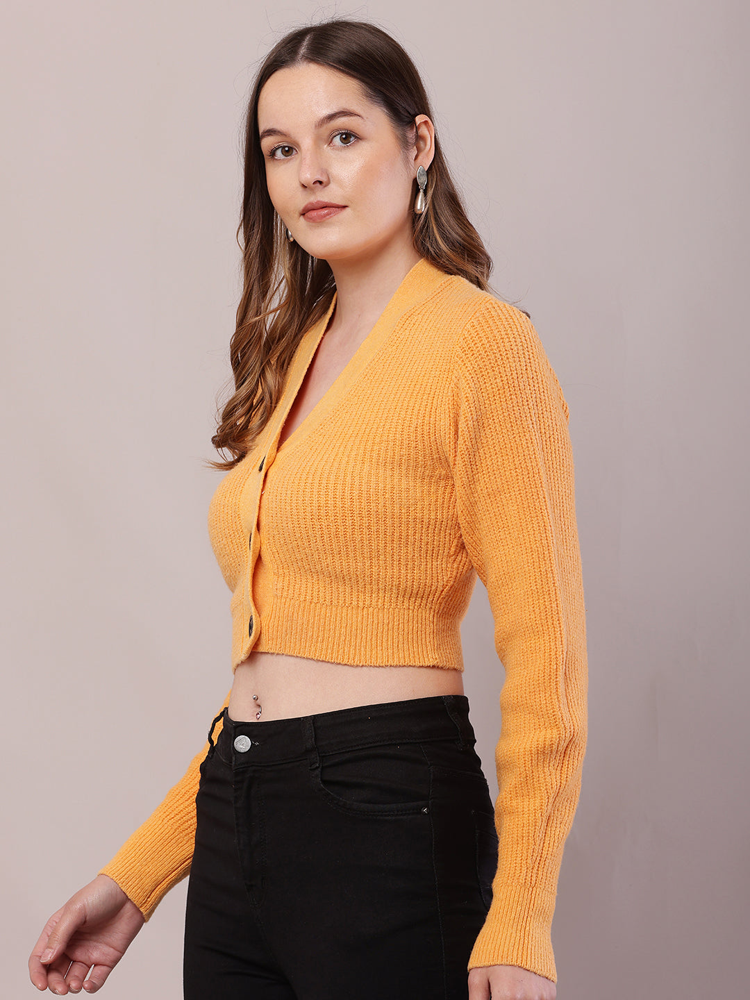 Polyester Full Sleeve with V-Neck Orange Cardigan