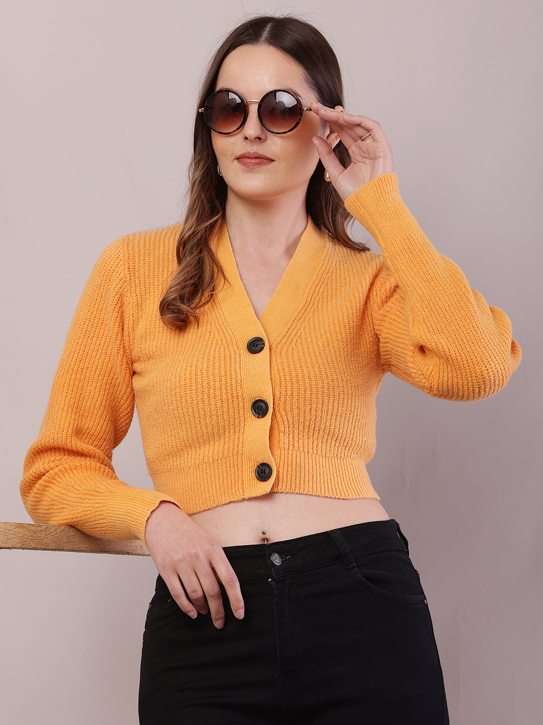 Polyester Full Sleeve with V-Neck Orange Cardigan