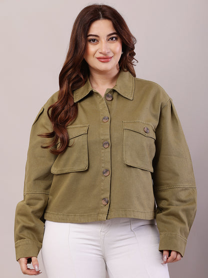 Cotton Full Sleeve with Shirt Collar loose style Green Jacket