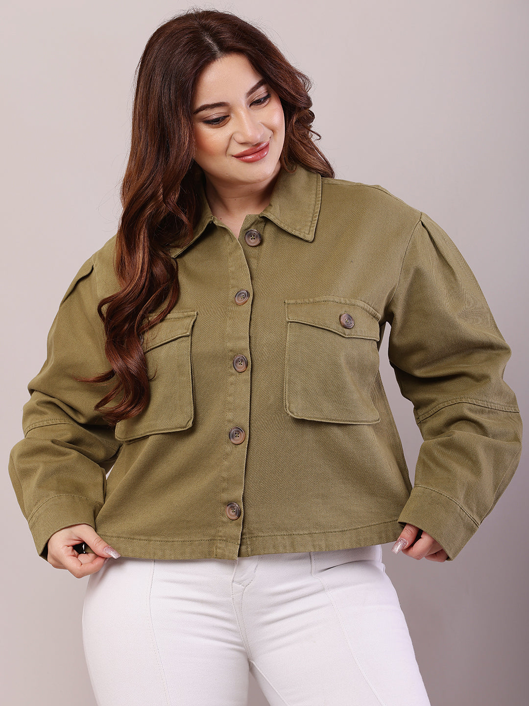 Cotton Full Sleeve with Shirt Collar loose style Green Jacket