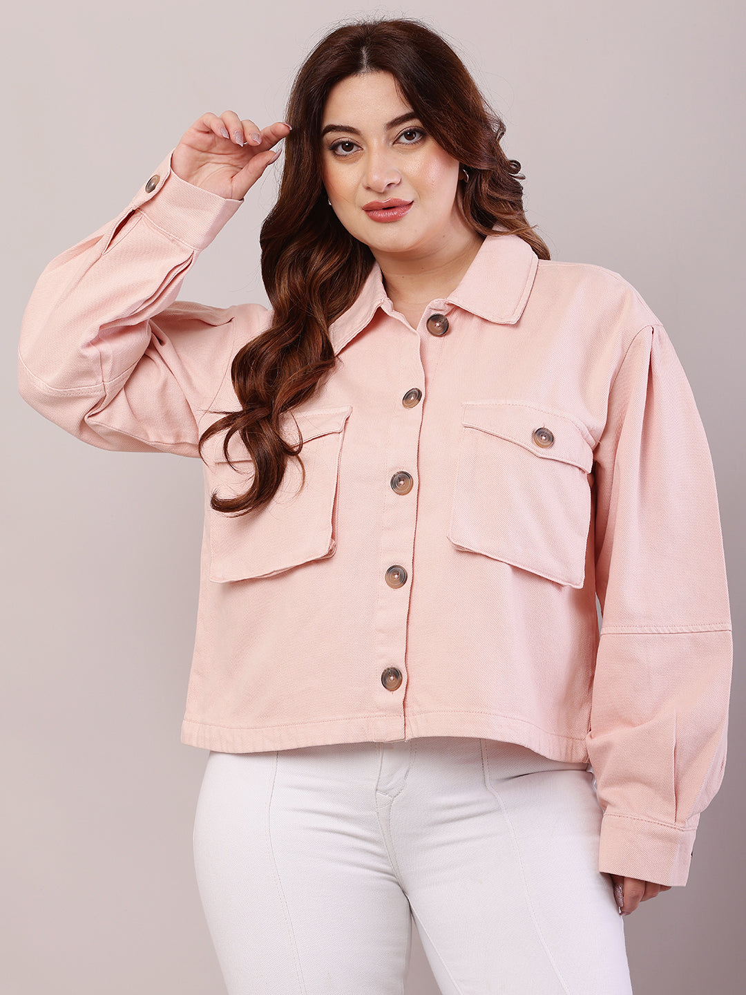 Cotton Full Sleeve with Shirt Collar loose style Baby Pink Jacket