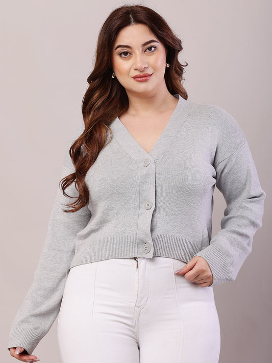 Viscose Full Sleeve with V-Neck Light Grey Cardigan