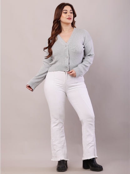 Viscose Full Sleeve with V-Neck Light Grey Cardigan