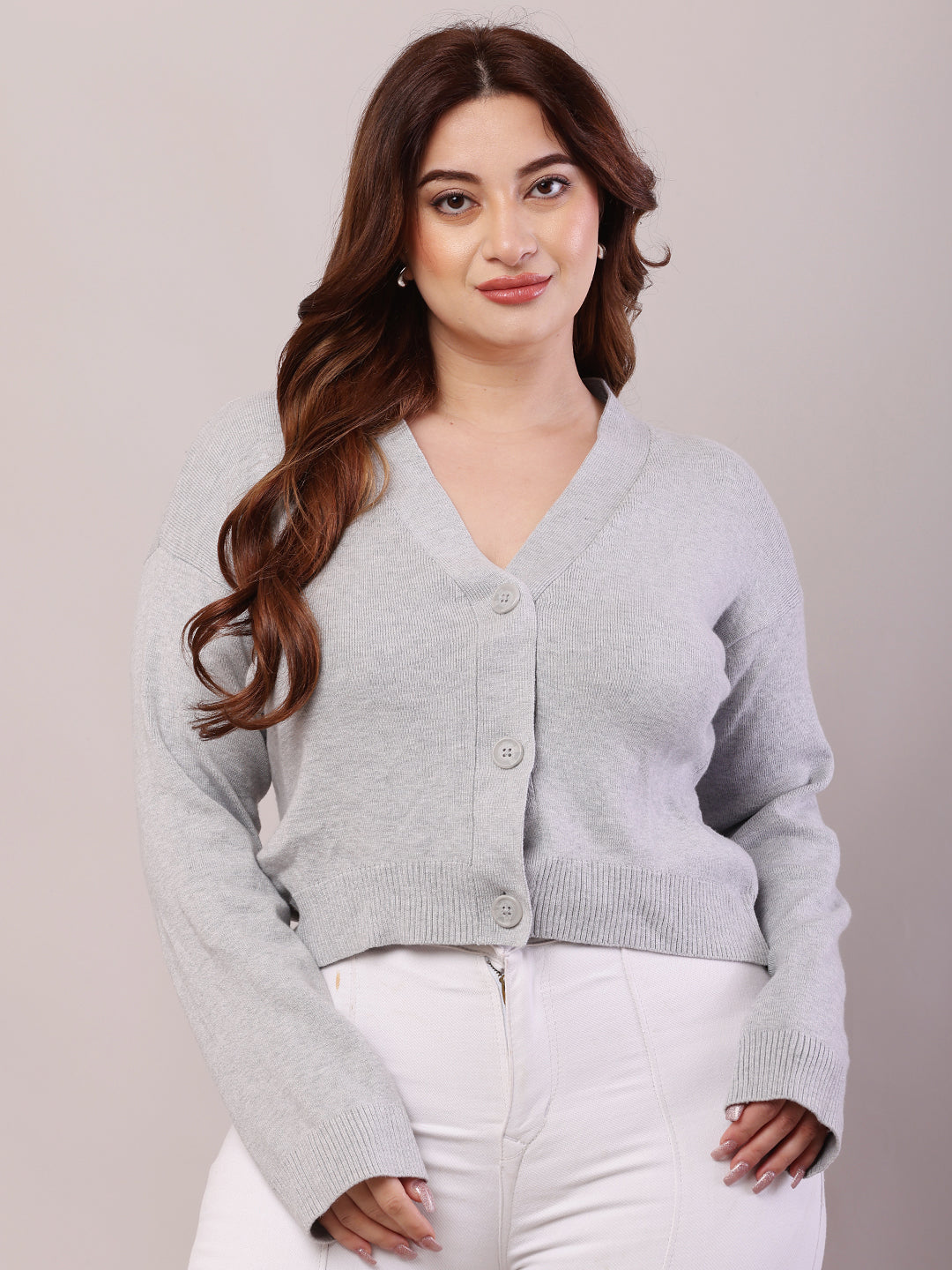 Viscose Full Sleeve with V-Neck Light Grey Cardigan