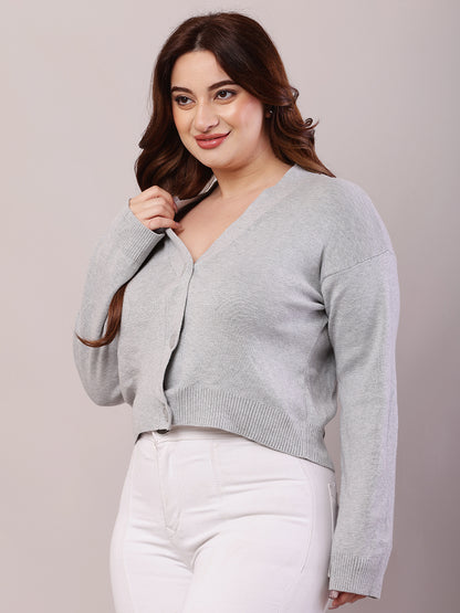 Viscose Full Sleeve with V-Neck Light Grey Cardigan