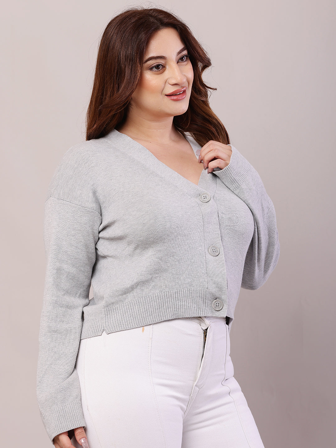 Viscose Full Sleeve with V-Neck Light Grey Cardigan