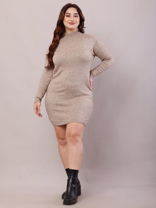 Acrylic Full Sleeve with Turtle Neck Beige Bodycon Dress