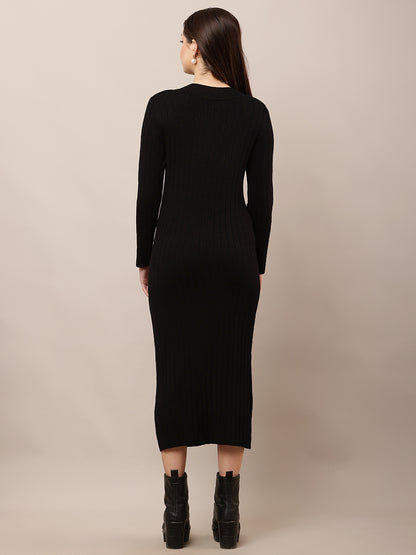 Viscose Full Sleeve with Round Neck Bodycon Ribbed Black Dress