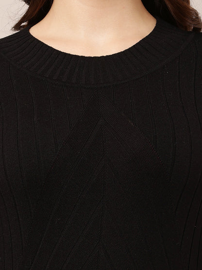 Viscose Full Sleeve with Round Neck Bodycon Ribbed Black Dress