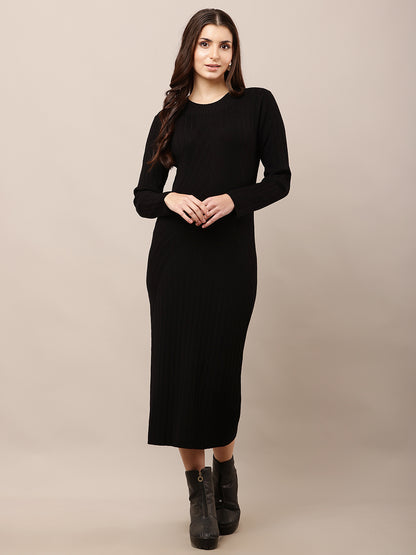 Viscose Full Sleeve with Round Neck Bodycon Ribbed Black Dress