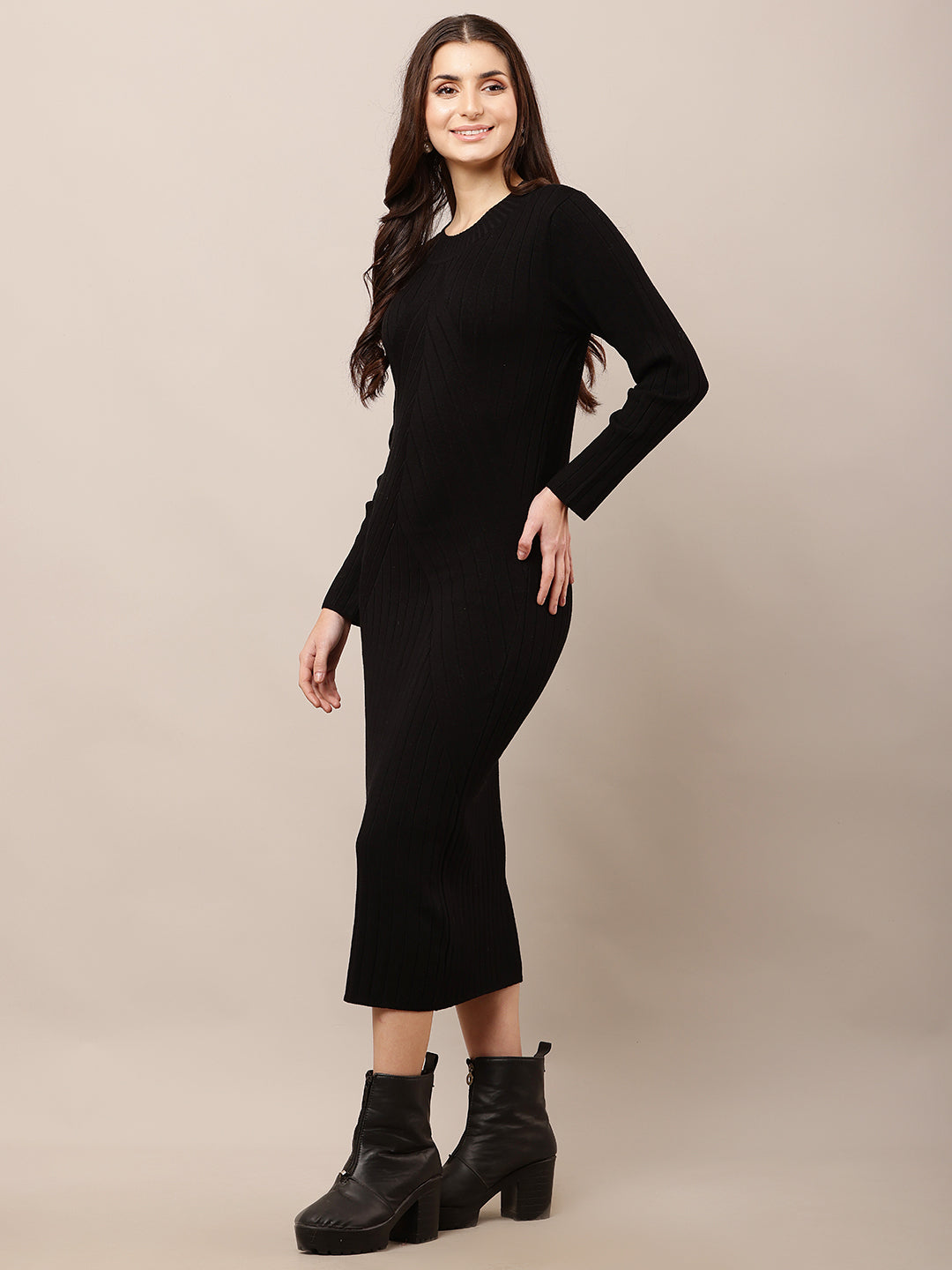 Viscose Full Sleeve with Round Neck Bodycon Ribbed Black Dress