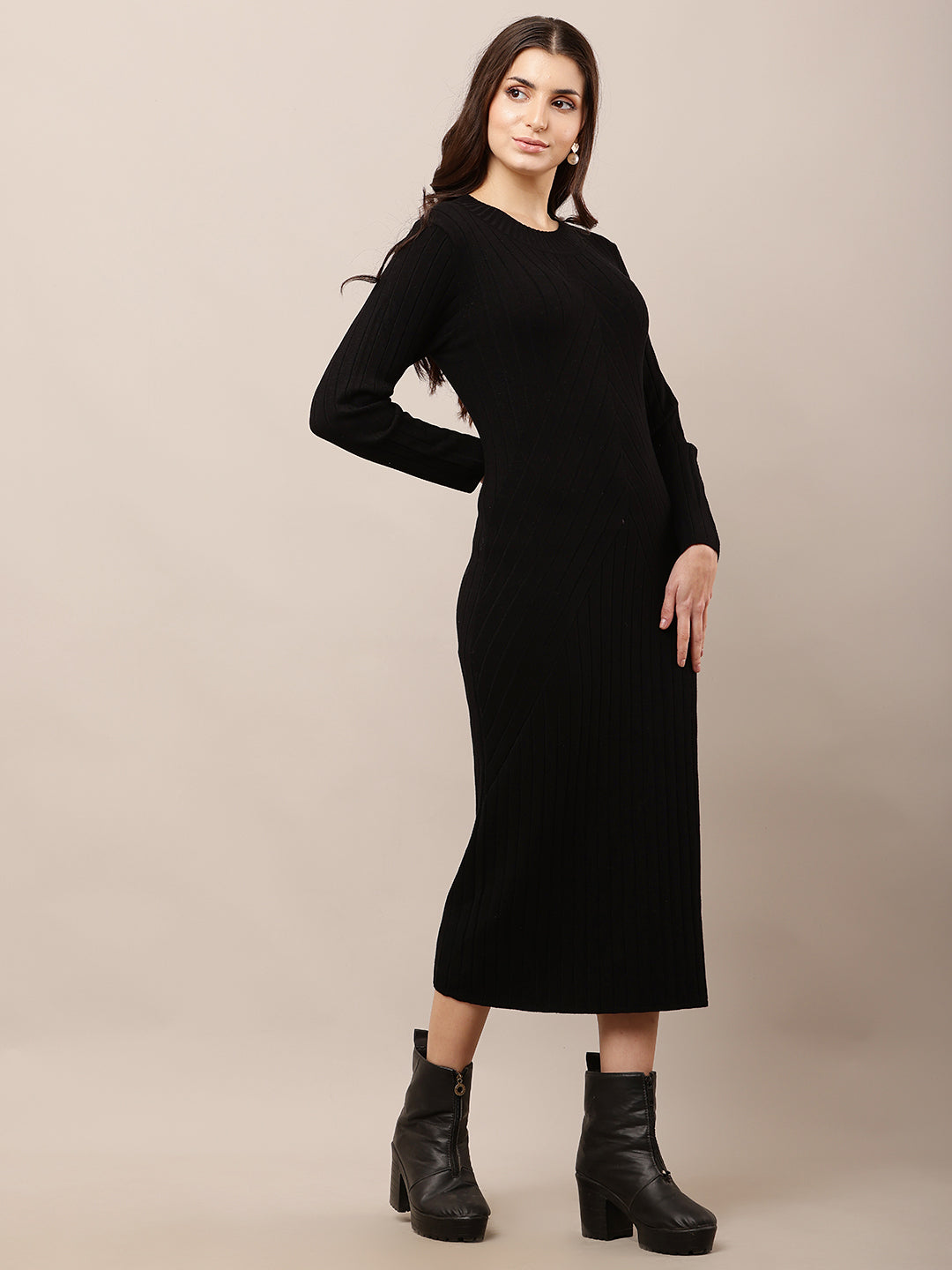 Viscose Full Sleeve with Round Neck Bodycon Ribbed Black Dress