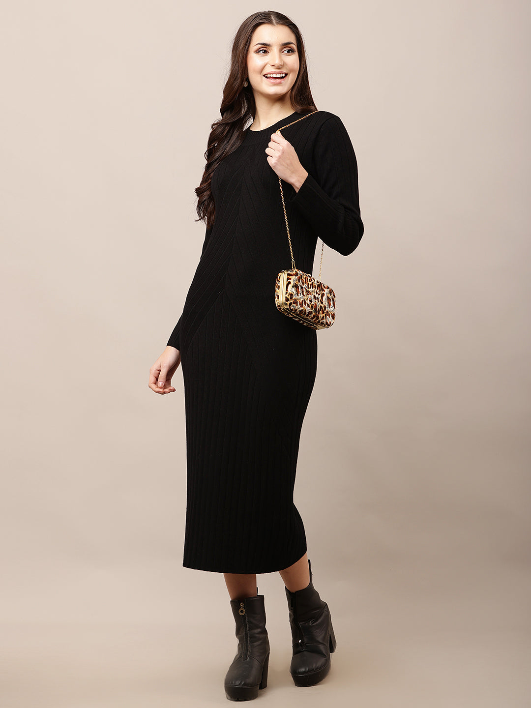 Viscose Full Sleeve with Round Neck Bodycon Ribbed Black Dress