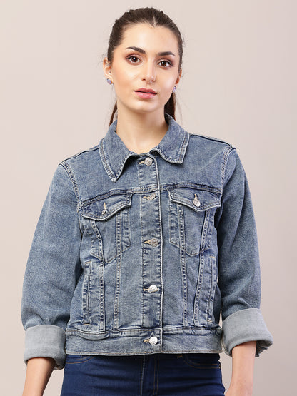 Cotton Denim Full Sleeve with Shirt Collar Blue Jacket