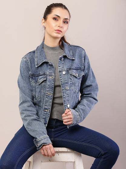 Cotton Denim Full Sleeve with Shirt Collar Blue Jacket