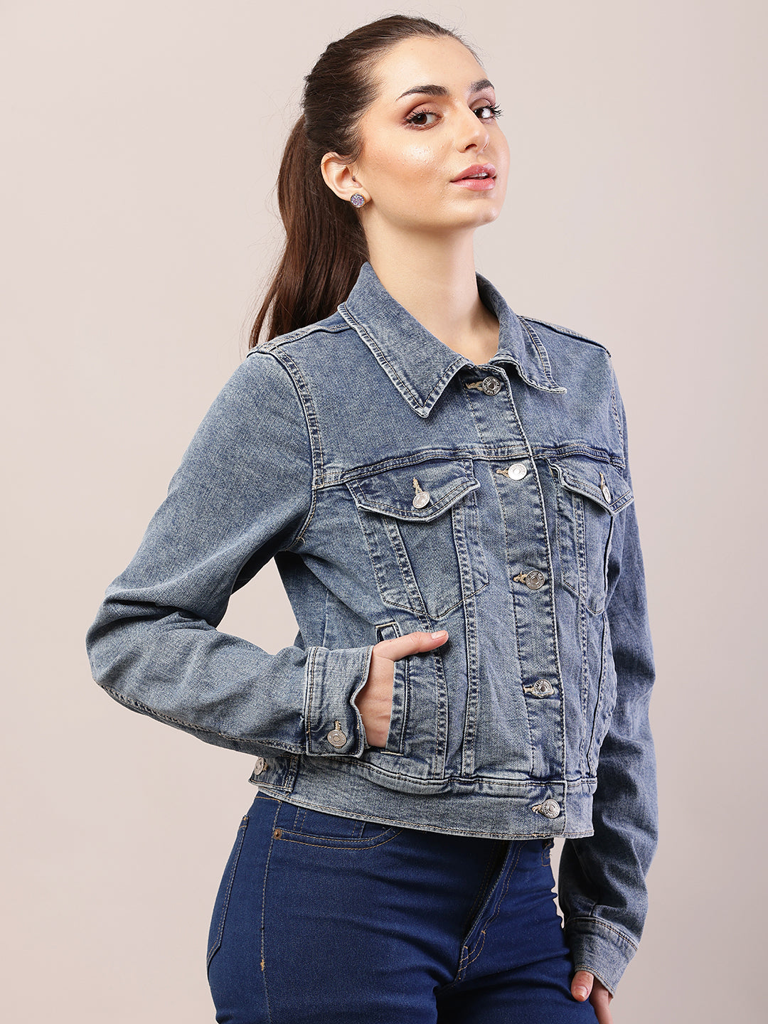 Cotton Denim Full Sleeve with Shirt Collar Blue Jacket