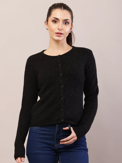 Acrylic Full Sleeve with Round Neck Black Cardigan