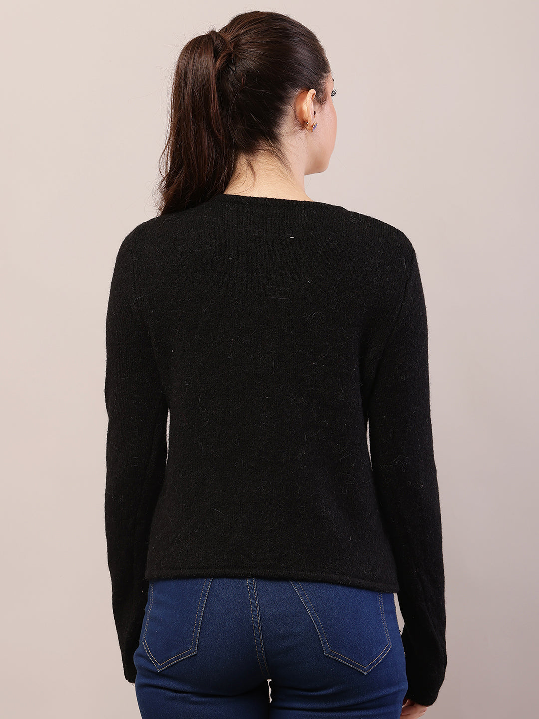 Acrylic Full Sleeve with Round Neck Black Cardigan