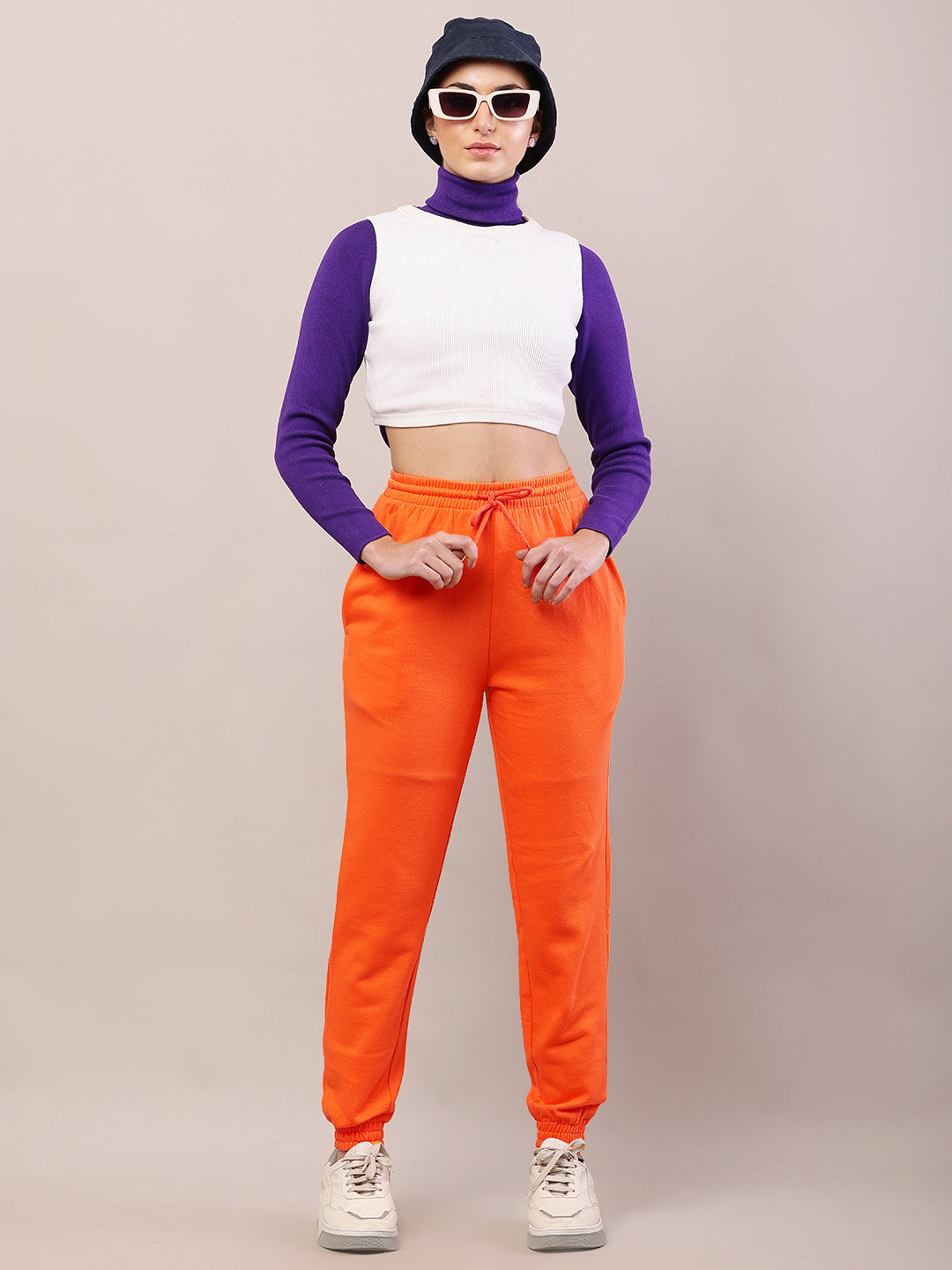 Cotton Regular Fit Full Length High-Rise Orange Joggers