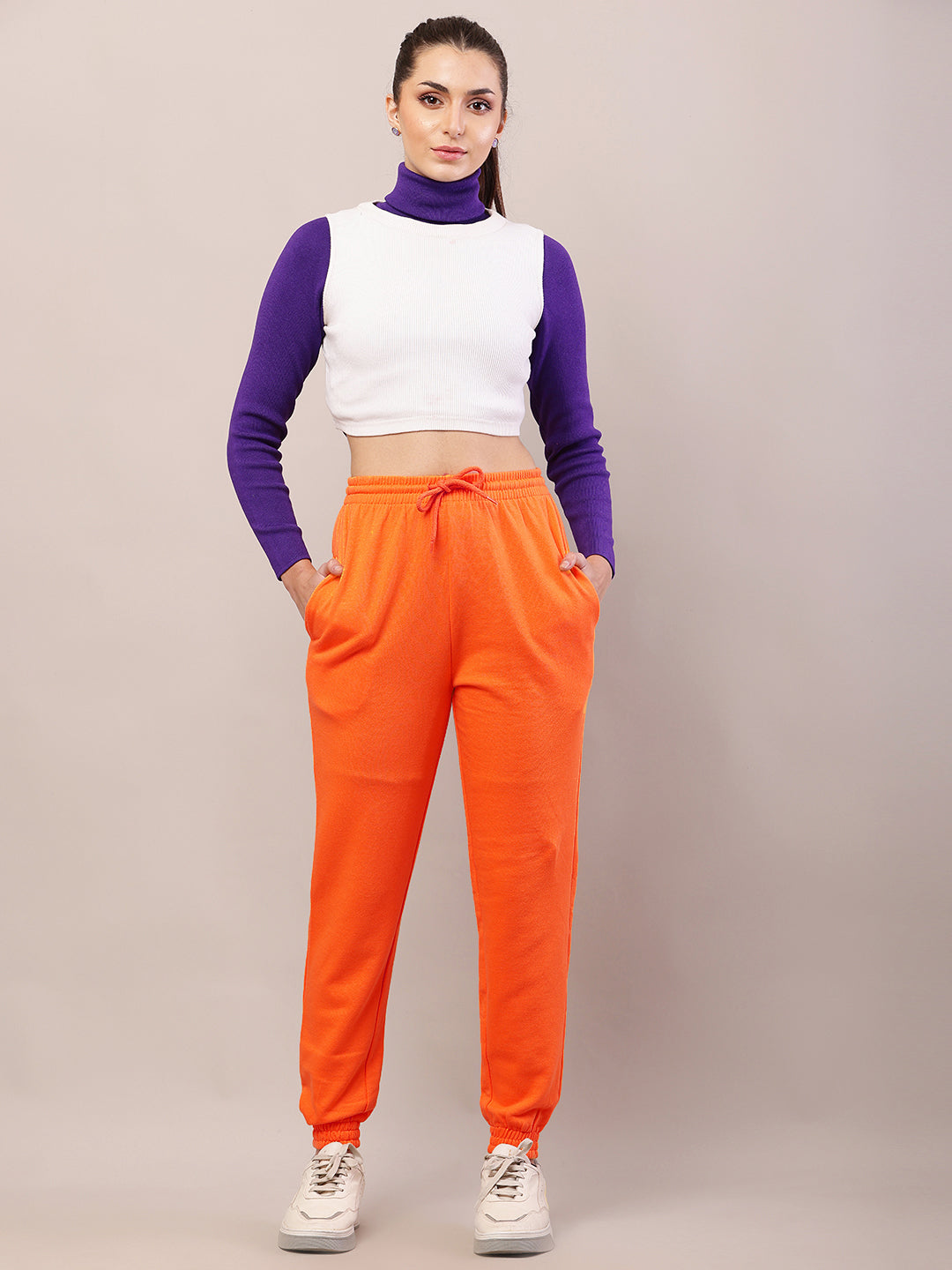 Cotton Regular Fit Full Length High-Rise Orange Joggers