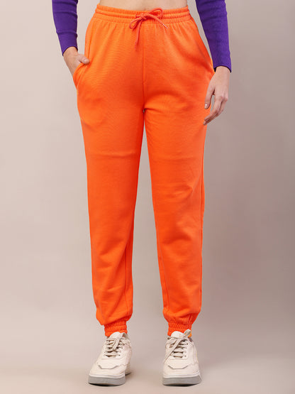 Cotton Regular Fit Full Length High-Rise Orange Joggers