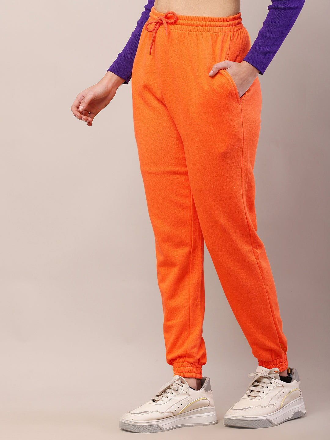 Cotton Regular Fit Full Length High-Rise Orange Joggers