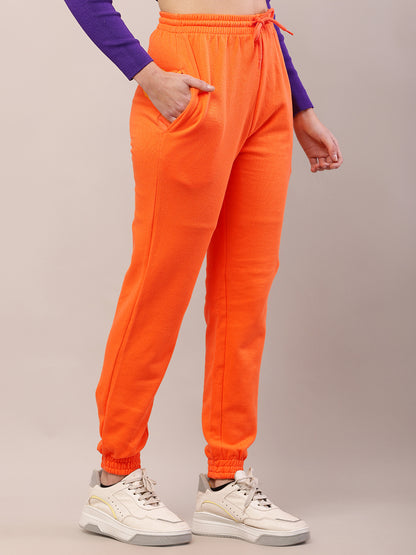 Cotton Regular Fit Full Length High-Rise Orange Joggers